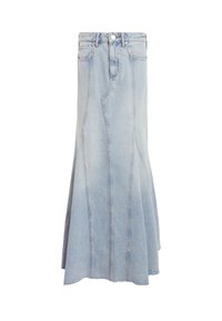 Gonna di jeans azzurro chiaro con vita aderente, orlo svasato e dettagli delle cuciture verticali con finitura a taglio vivo.