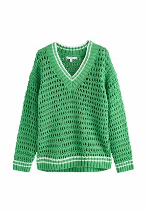 Green knit sweater with V-neck, white stripe accents on collar, cuffs, and hem, featuring a breathable open-weave pattern.