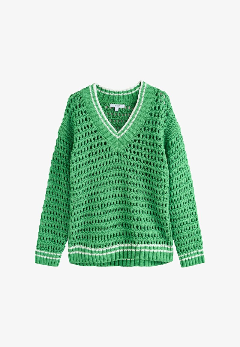 Pull tricoté vert avec col en V, accents à rayures blanches sur le col, les poignets et l'ourlet, présentant un motif ajouré respirant.