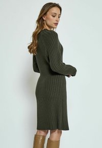 Robe en tricot côtelé vert olive avec des manches longues, offrant une coupe décontractée et une longueur au genou. Texture mate avec un motif vertical subtil.
