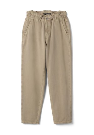 Pantalon décontracté beige avec taille élastique, fermeture par bouton, deux poches latérales et jambes effilées. Étiquette indiquant "Republic of Denim".