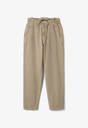 Pantalon décontracté beige avec taille élastique, fermeture par bouton, deux poches latérales et jambes effilées. Étiquette indiquant "Republic of Denim".