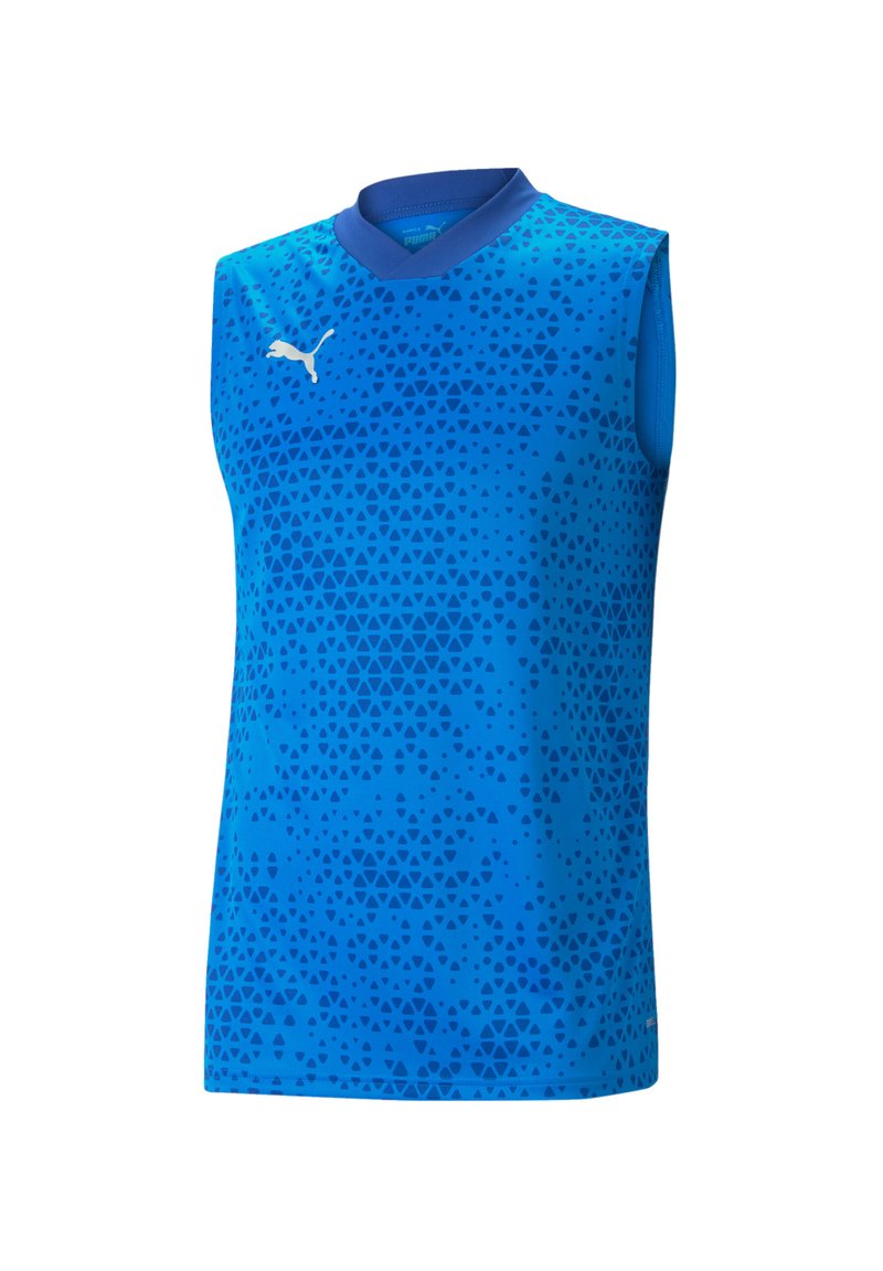 Maglietta atletica senza maniche realizzata in tessuto blu, con un motivo geometrico a triangoli e un colletto a girocollo. Logo visibile sul petto.