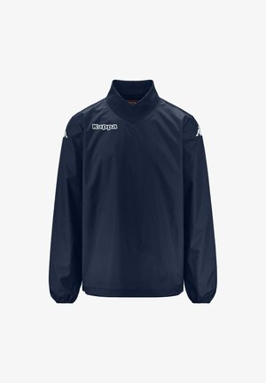 Giacca a vento navy con colletto alto, maniche lunghe, polsini elastici e dettaglio con logo sul petto. Realizzata in materiale leggero e impermeabile.