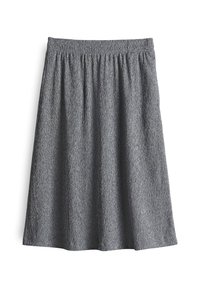 Grau knielanger Rock aus strukturiertem Stoff mit einem elastischen Bündchen und dezenten, vertikalen Linien im Material.