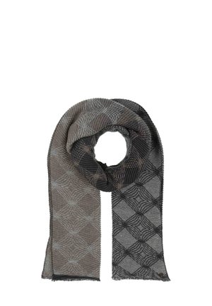 Sciarpa tessuta in sfumature di grigio e nero, con un motivo geometrico. I bordi sono sfilacciati, aggiungendo texture. Il materiale leggero drappeggia dolcemente.