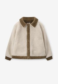 Veste en fausse fourrure crème avec un col et des poignets en velours côtelé marron. Dotée de boutons-pression et d'une finition texturée pour la chaleur et le confort.