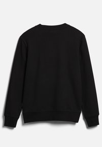 Sweat-shirt noir à manches longues col rond, vu de dos, avec poignets et ceinture côtelés sur un fond uni.