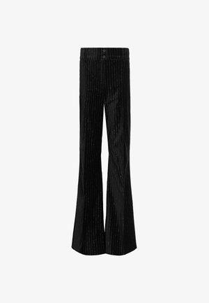 Pantaloni negri evazați cu dungi verticale albe, confecționați dintr-un material moale cu o textură netedă. Dispune de două butoane la talie.