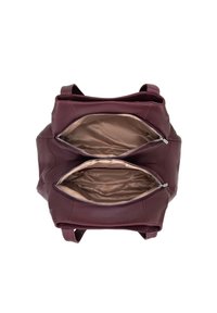 Zaino in pelle bordeaux con due scomparti con zip e una fodera interna liscia. Il design presenta manici robusti e una forma strutturata.