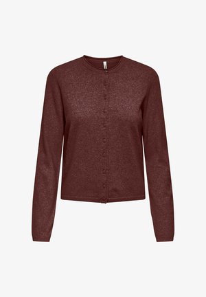 Tumši sarkans, garām piedurknēm, ar pogām aiztaisāms kardigans ar apaļu kakla izgriezumu un piegulošu siluetu, attēlots uz baltas fona.