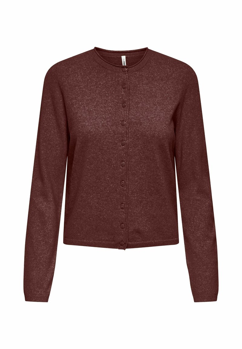 Cardigan boutonné à manches longues de couleur rouge foncé, avec un col rond et une coupe ajustée, présenté sur un fond blanc.