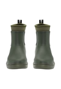 Zelené gumové kotníkové boty s hladkým povrchem, které mají olivově zelený textilní límec a černé poutka pro snadné obouvání.