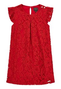 Rotes Spitzenkleid mit floralen Mustern, kurzen schwingenden Ärmeln, einem Schlüsselloch-Ausschnitt auf der Rückseite und einem kleinen Markenreißverschlussdetail am Saum.