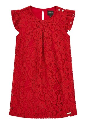 Robe en dentelle rouge avec des motifs floraux, manches courtes à volants, dos en forme de trou de serrure et un petit détail de fermeture éclair avec logo dans l'ourlet.