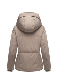 Beige padded winter jacket with a large hood and long sleeves, shown from the back on a white background.