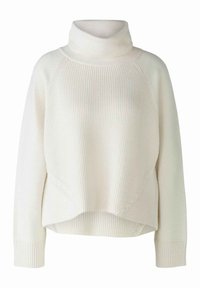 Weißer Rollkragenpullover mit strukturiertem Rippdesign, Raglanärmeln und asymmetrischem Saum. Weiches Material mit einem gemütlichen Erscheinungsbild.