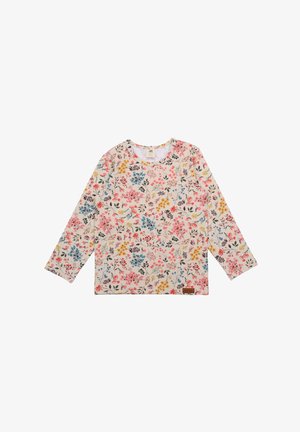Long-sleeve cream shirt with multicolored floral print in pink, blue, yellow, and green, and a small brown patch near the hem.