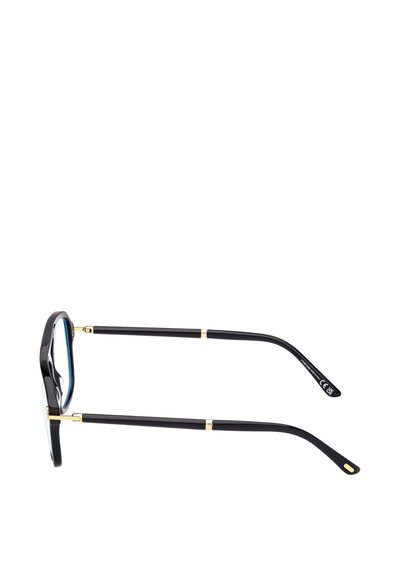 Occhiali da vista neri con lenti rettangolari, cerniere dorate e aste sottili, mostrati di profilo su uno sfondo bianco.