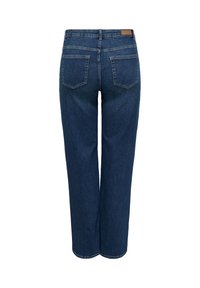 Jean droit bleu foncé vu de dos avec deux poches arrière et une étiquette de marque en cuir marron sur la ceinture.