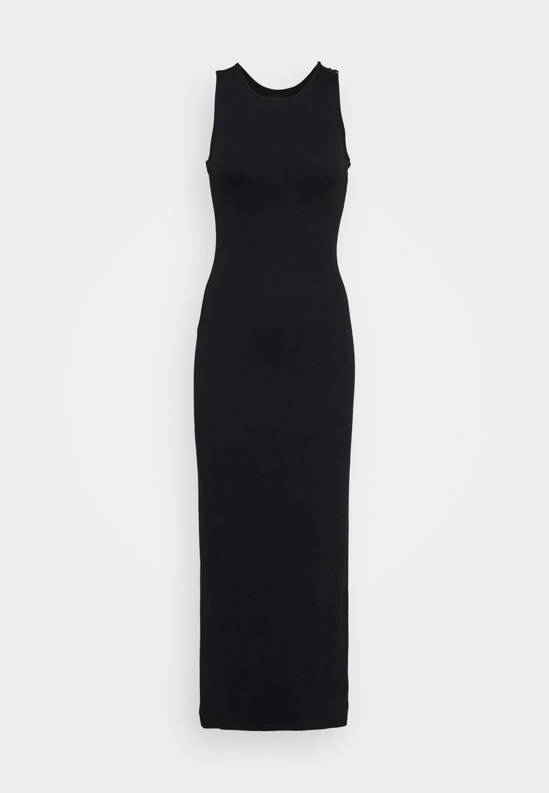 Robe longue noire sans manches, ajustée, à encolure ronde, en tissu lisse, présentée sur un fond blanc uni.