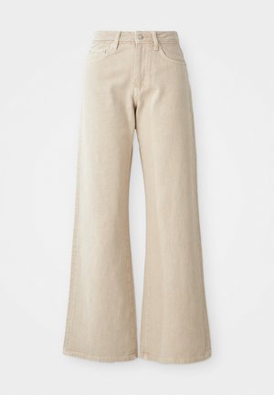 Beige weit geschnittene Jeans aus Denim, mit hoher Taille, Fronttaschen und einem schlichten Design ohne Muster oder Akzente.