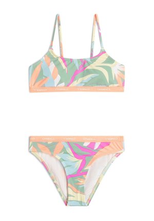 Dwuczęściowy komplet bikini z pastelowo zielonym tłem i kolorowymi wzorami liści w różowym, pomarańczowym i niebieskim kolorze. Wykonany z miękkiego, elastycznego materiału.