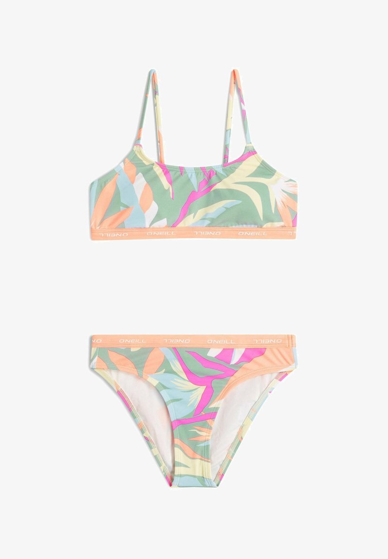 Tweedelige bikiniset met een pastelgroene basis en kleurrijke bladpatronen in roze, oranje en blauw. Gemaakt van zachte, rekbare stof.