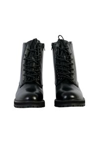 Black leather ankle boots with a smooth finish, lace-up design, metal eyelets, and a textured rubber sole with traction patterns.