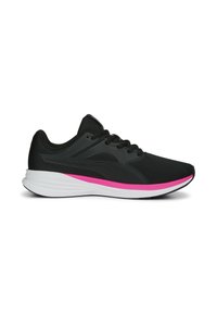 Zapatilla deportiva negra con parte superior texturizada, diseño de cordones y una entresuela blanca con una franja de acento rosa a lo largo del costado.