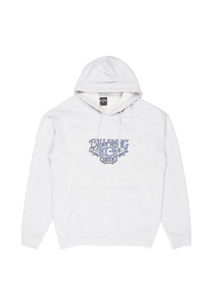 Jasnoszara bluza z kapturem Billabong z przednią kieszenią i niebieskim logo z napisem "Billabong 73 1973 Australia" na piersi.