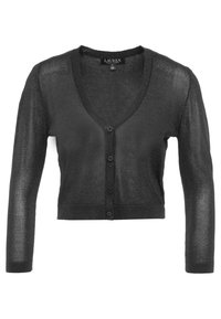 Svart kortad cardigan gjord av genomskinligt, strukturerat tyg med V-halsringning och fem knappradningar framtill. Långa ärmar.