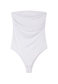 Costume da bagno bianco senza spalline con texture arricciata e aperture alte sulle gambe. Chiusura a scatto regolabile sul fondo. Tessuto liscio ed elastico.