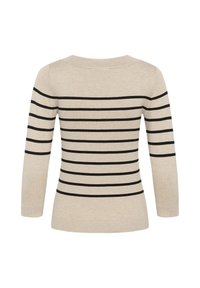 Pull en tricot beige à manches longues avec des rayures horizontales noires dans le dos et sur les manches, col rond et ourlet et poignets côtelés.