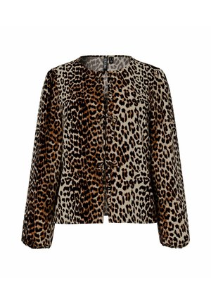 Veste en imitation léopard en tissu doux, dotée d'un col rond, de manches longues et d'une fermeture à boutons avec des nœuds plats.
