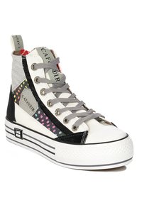 Hochtop-Sneaker aus verschiedenen Materialien. Verfügt über graue, schwarze und weiße Paneele mit bunten Punkten. Weiße Gummisohle mit schwarzen Streifen.
