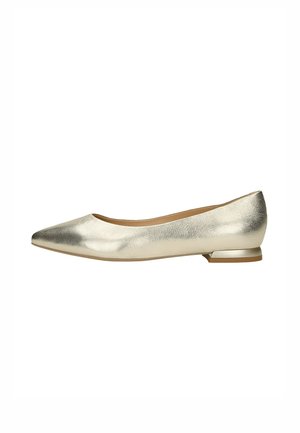 Gold metallic ballet flat with a pointed toe, smooth texture, and low heel. Minimalist design, suitable for casual or formal wear.