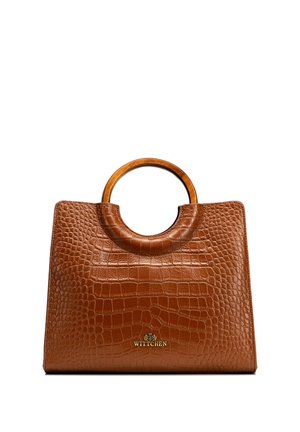 Sac à main en cuir marron texturé avec des poignées rondes en bois et un logo Wittchen doré au centre devant.
