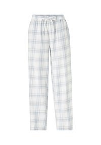 Witte geruite pyjamabroek met lichtblauwe en grijze vlekken, elastische tailleband en trekkoorddetail. Zachte stof, losse pasvorm.