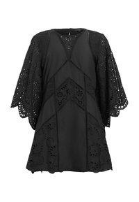 Robe noire avec de larges manches en dentelle, motifs floraux découpés et détails de couture géométriques, avec un col rond et des bords festonnés.