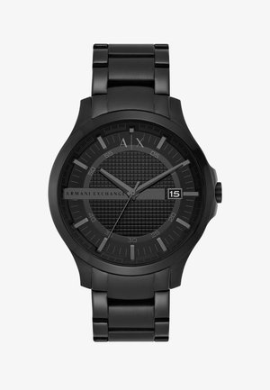 Schwarze Armani Exchange Armbanduhr mit strukturiertem Zifferblatt, silbernen Stundenmarkierungen, drei Zeigern und Datumsanzeige, die den 15. zeigt, auf einem Metallgliederarmband.