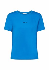 Blå bomulds T-shirt med korte ærmer, rund hals og tre små sorte hjerteformer trykt på forsiden. Glat tekstur, afslappet design.