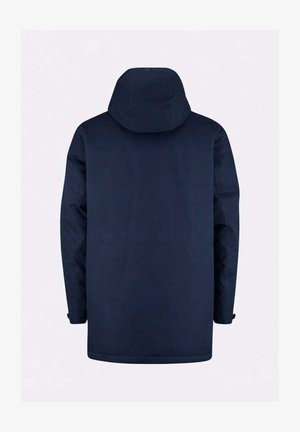 Giacca lunga con cappuccio di colore blu navy e maniche lunghe, vista da dietro su uno sfondo chiaro e uniforme.