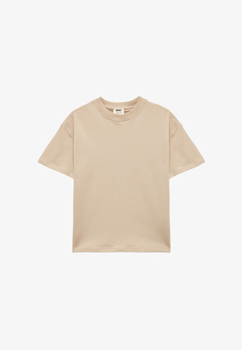 Beige Baumwoll-T-Shirt mit kurzen Ärmeln, rundem Ausschnitt, lässiger Passform und minimalen Nähdetails. Glatte Textur, ohne Muster oder Akzente.