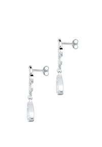 Silberne Tropfohrringe mit einem strukturierten, kreisförmigen Design, einem kleinen runden Stecker und einem hängenden ovalen Element.