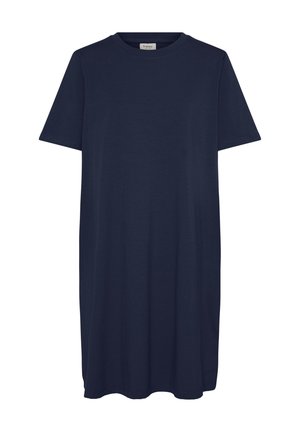 Tumesinine lühikeste varrukatega T-särk-kleit ümara kaelusega, sirge lõike ja lihtsa disainiga, valgel taustal eksponeeritud.