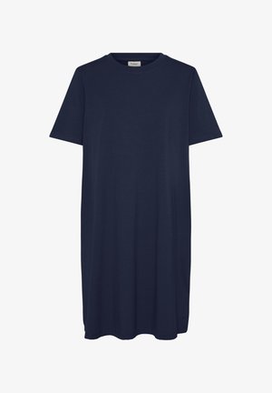 Tumši zils īsroku T-krekls-kleita ar apaļu kakla izgriezumu, taisnu griezumu un vienkāršu dizainu, attēlots uz baltas fona.