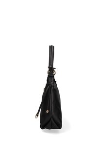 Sac en cuir noir avec une sangle pour poignet, quincaillerie dorée et un détail à cordon sur le côté, présenté de profil.