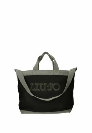 Borsa a mano Liu Jo nera e grigia con doppi manici e una tracolla lunga, caratterizzata da un pannello frontale texturizzato e dal nome del marchio in lettere grandi.