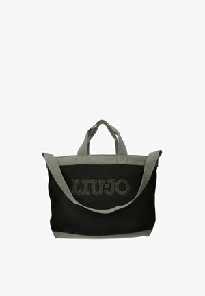 Borsa a mano Liu Jo nera e grigia con doppi manici e una tracolla lunga, caratterizzata da un pannello frontale texturizzato e dal nome del marchio in lettere grandi.